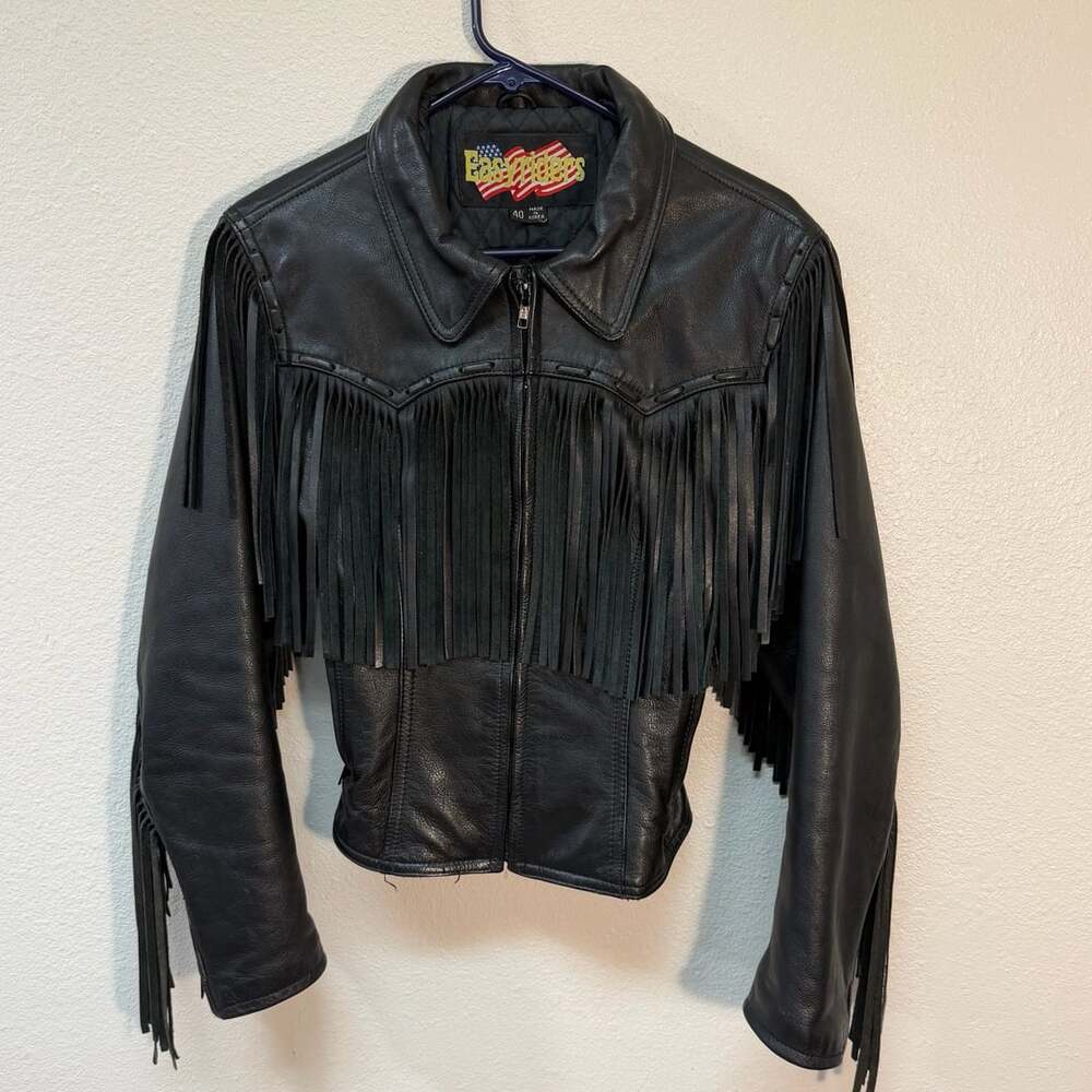 Easyriders Leather Fringe Jacket Size 40 Black Western Biker